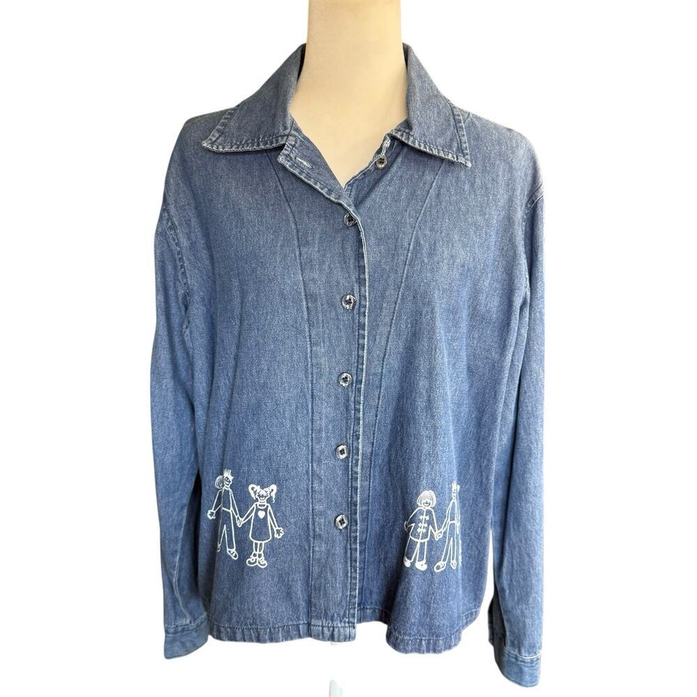 Tagwear Button Up Denim Top Womens Blue Teacher School Children XL Relaxed